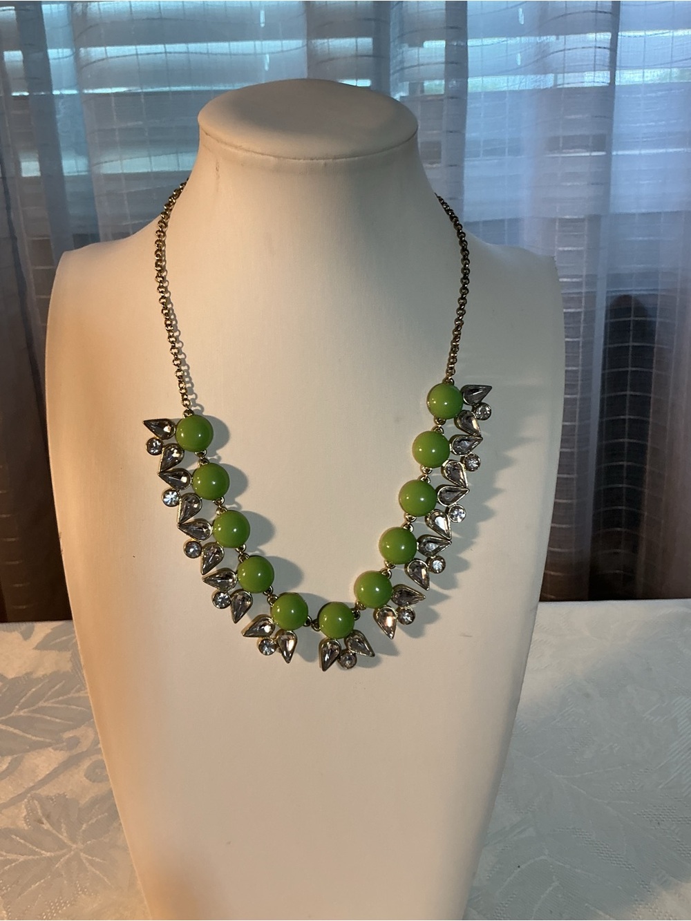 J. Crew Vintage Lime Green Resin & Rhinestone Cluster Choker Gold Tone Necklace